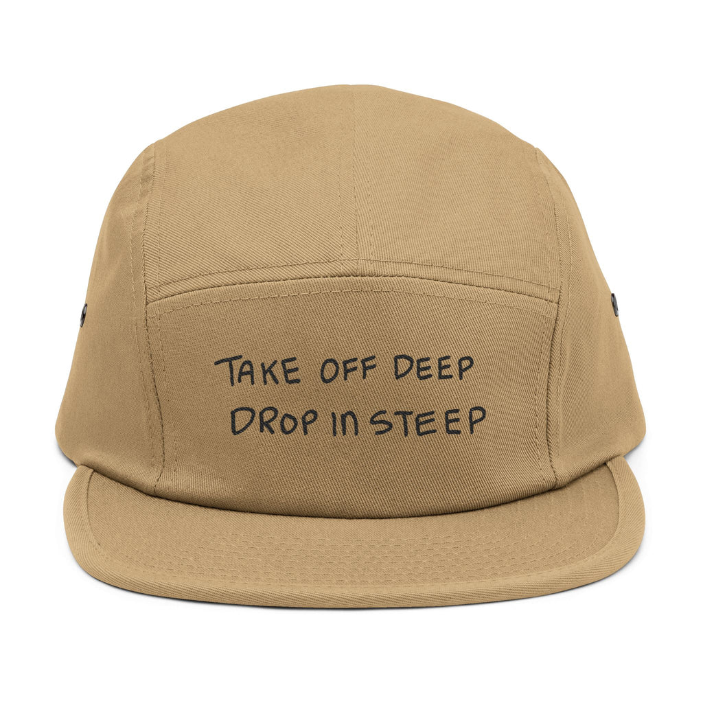 'MANTRA' 5-Panel Cap — "Take Off Deep, Drop In Steep" Embroidered Fabric