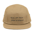 'MANTRA' 5-Panel Cap — "Take Off Deep, Drop In Steep" Embroidered Fabric